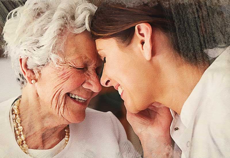 older woman and woman smiling