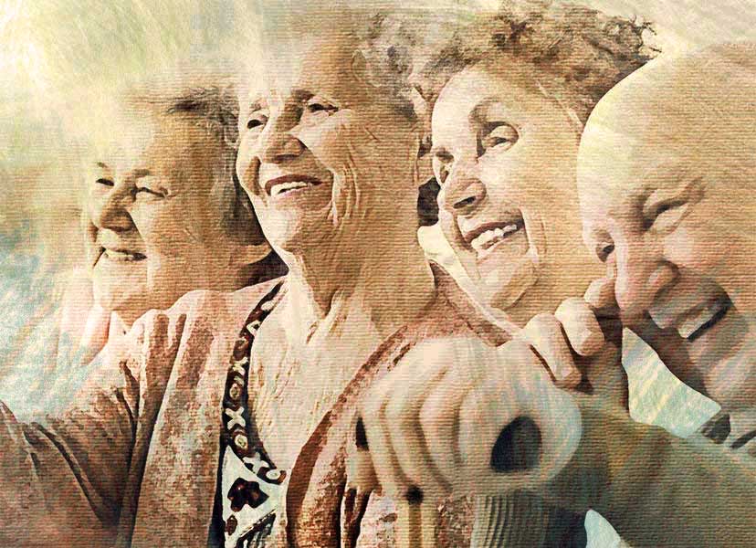 A group of elderly women and man sharing a smile together