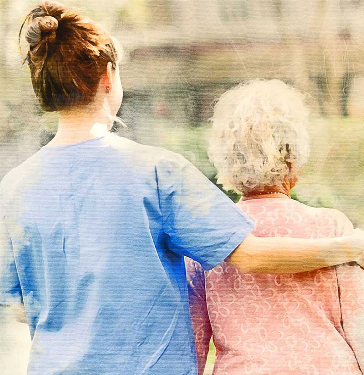 An elderly woman being led by a nurse