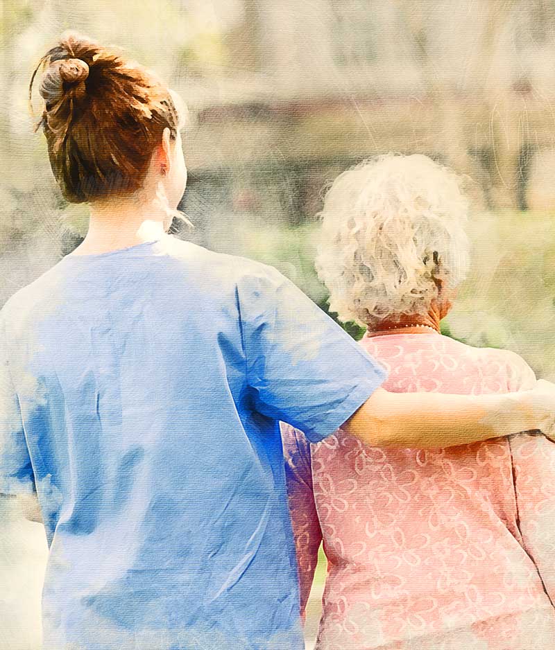 Artistic image of a caregiver walking with an elderly woman