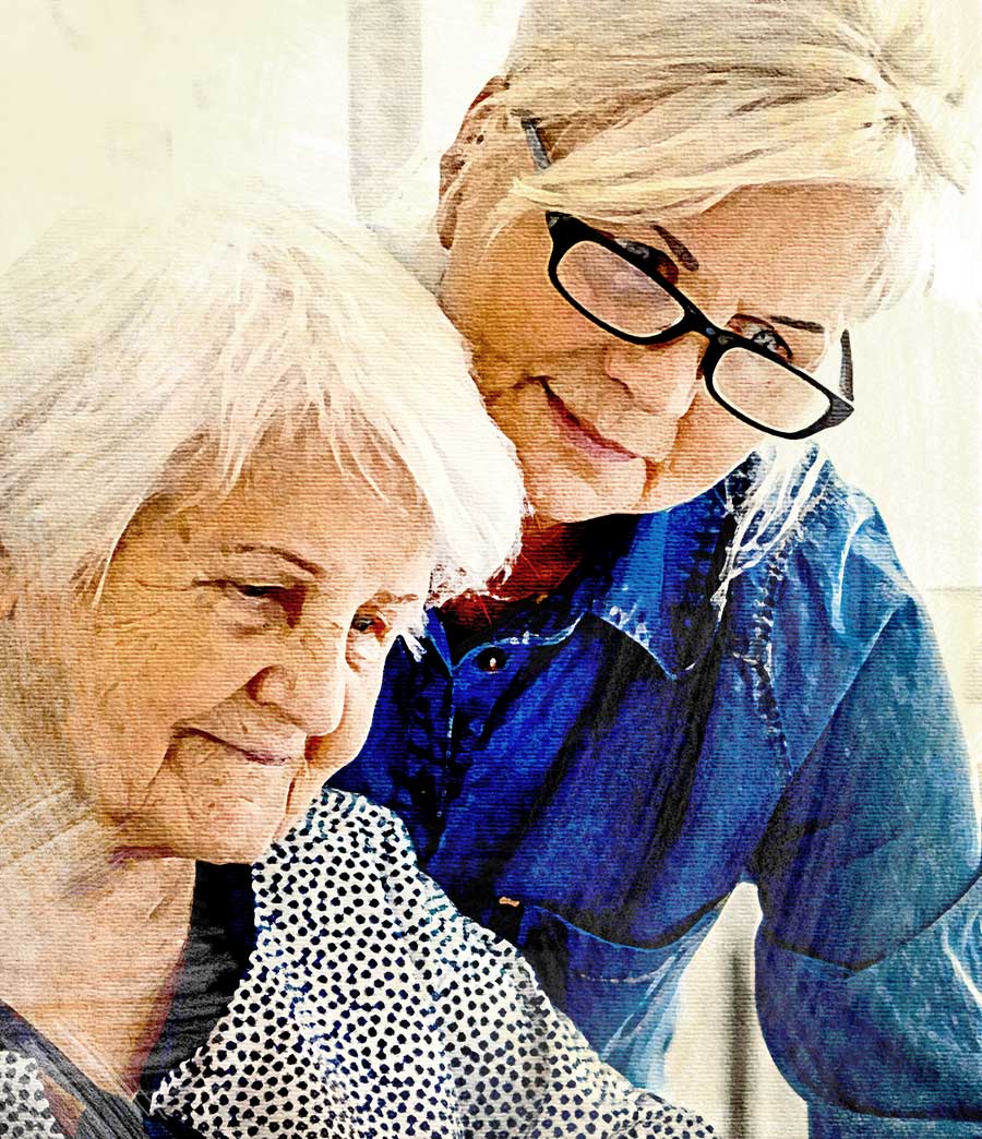 Drawn image of two women looking at something together