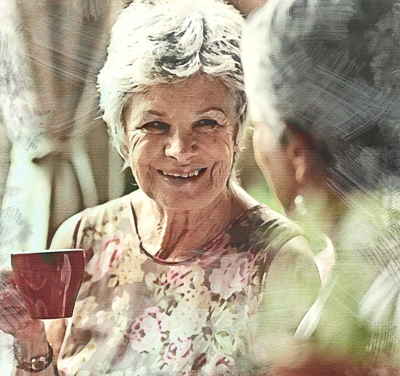 older adult women having tea in assisted living community