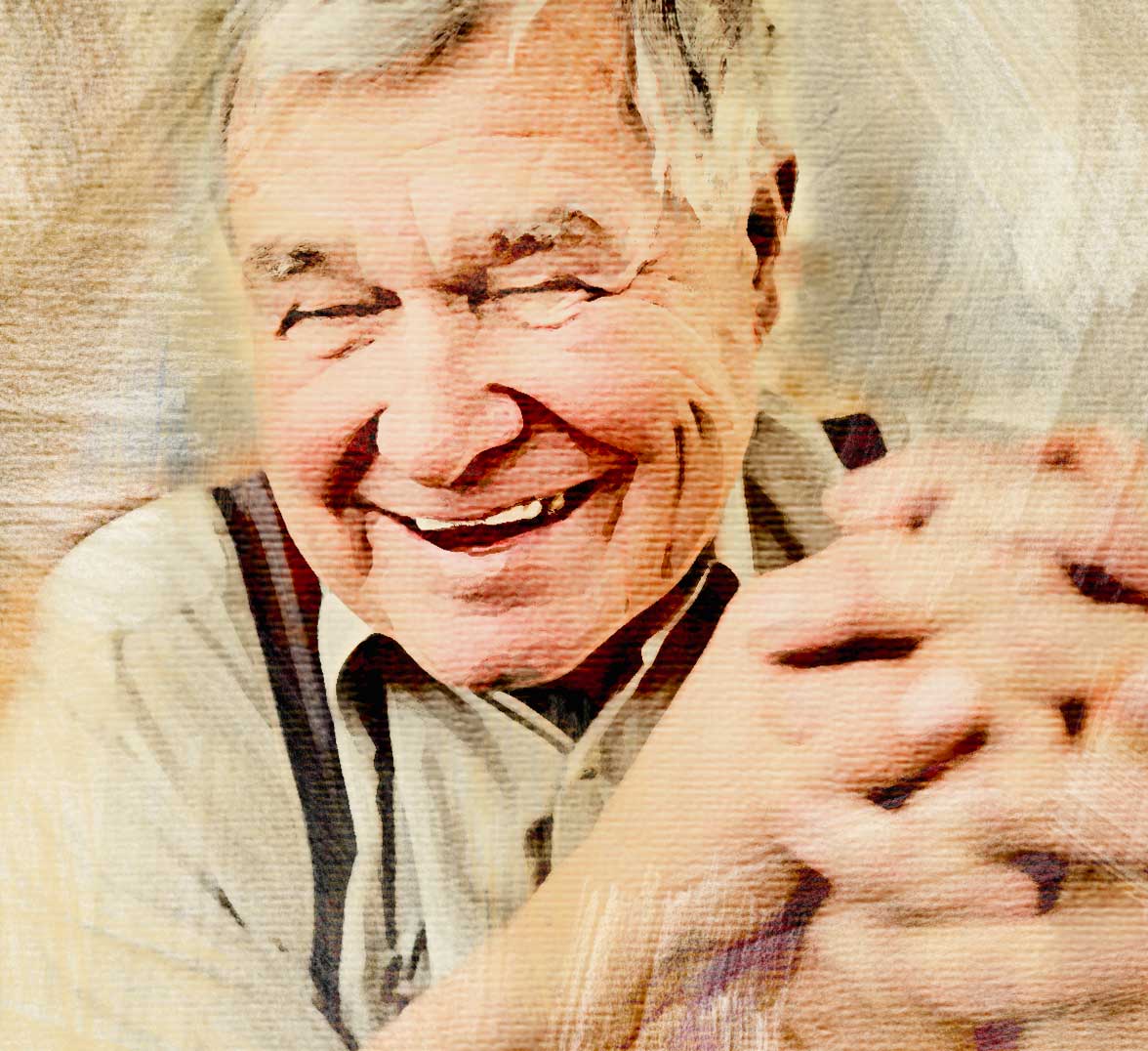 Drawn image of a man smiling while putting his hands together